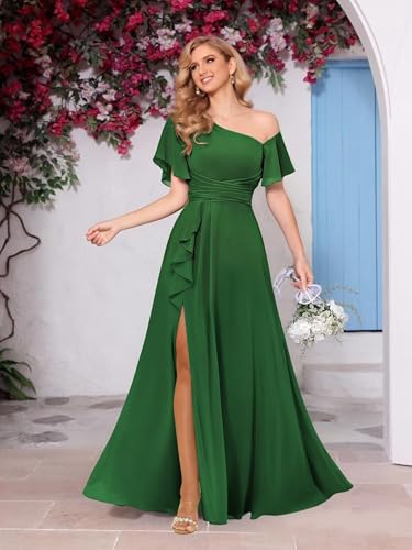 Image of One Shoulder Bridesmaid Dresses for Women with Pockets Short Sleeve Ruffled Chiffon Formal Evening Gowns