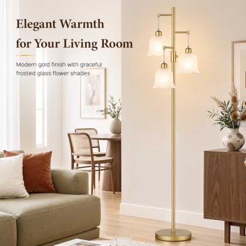 Image of Dimmable Flower Floor Lamp, 3 x 900LM LED Bulbs Included, Modern | 70 inch Gold Tree Standing Lamp, 3 Lights Elegant Frosted Glass Flower Shade Vintage Floor Lamps for Living Room, Bedroom, Office
