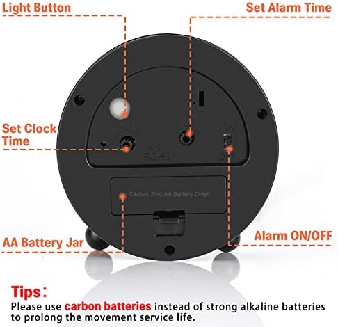  Alarm Clock Bedside - Silent Non Ticking Alarm Clock Analogue Battery Operated Desk Clock with Night Light, Minimalistic Round Metal Alarm Clock for Bedrooms Office, 4 inches, Black