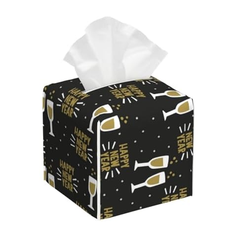 Mosytuky Happy New Year Print Tissue Box Cover,Square Decorative Pu Leather Facial Paper Case Organizer Holder Dispenser for Bathroom,Night Stands,Desk,Car 5.2''X5.2''X5.2'' Cover