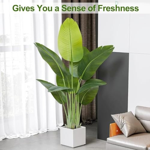 Image of Artificial Plant Tall Realistic Faux Green Plant for Indoor Outdoor Home Office Balcony Decor | No Maintenance (Banana 4Fit | Without Pot)