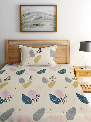 Image of la' amour Cotton Prime Collection Offered 180TC Floral Single Bedsheet Size (60X90) With 1 Matching Pillow Covers Size (17X27) Color-Breathable Summer Topsheet- (Multicolor, Cream)