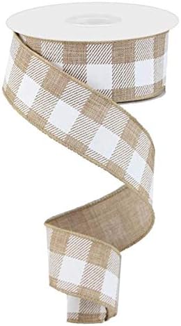 Plaid Check Wired Edge Ribbon - 10 Yards (Light Tan, White, 1.5")