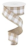 Plaid Check Wired Edge Ribbon - 10 Yards (Light Tan, White, 1.5')