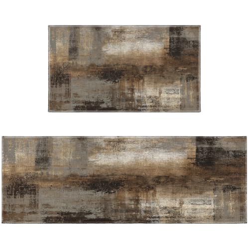 Brown Abstract Art Kitchen Rugs Sets of 2 Non Slip Modern Rustic Taupe Farmhouse Kitchen Mats for Floor with Rubber Backing Washable Kitchen Runner Rug Carpet 17"x47"+17"x30" for Hallway Laundry