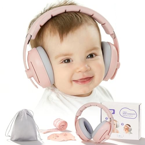 SJDUOCAI 2 in 1 Cuffie Neonato Antirumore,Regolabile Cuffie Antirumore Bambini con Fascia Elastica Leggero, Protettori acustici per neonati Superiore Ideale per il Sonno, Viaggi, Feste (Rosa)