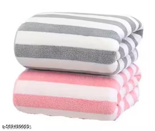 Image of Microfiber Towels for Bath-Stripes Bath Towel for Men and Women-Soft Coral Fleece Towel with Hook Quick Dry Super Absorbent-70 x 140 cm (multicolor Pack of 2)|KHO-P391