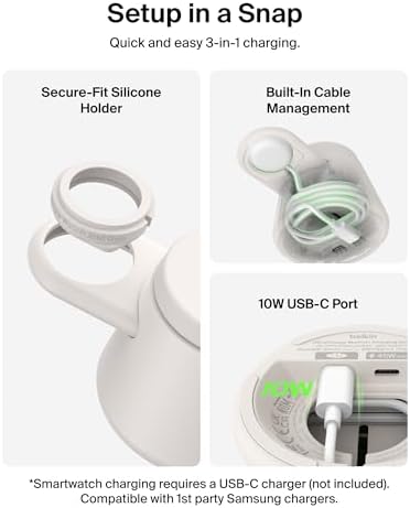 Belkin 3-in-1 Wireless Charging Station for Samsung Galaxy S26, Android - Qi2.2 25W Magnetic Charger for Pixel 10, iPhone 17, USB C Port for Galaxy, Pixel, & Apple Watch (Watch Charger Not Included) — view 2