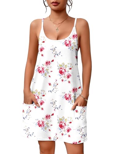 Image of Ekouaer Nightgowns for Women Cotton Sleepwear Sexy Sleep Shirt Adjustable Spaghetti Strap Night Gowns with Pockets S-3XL