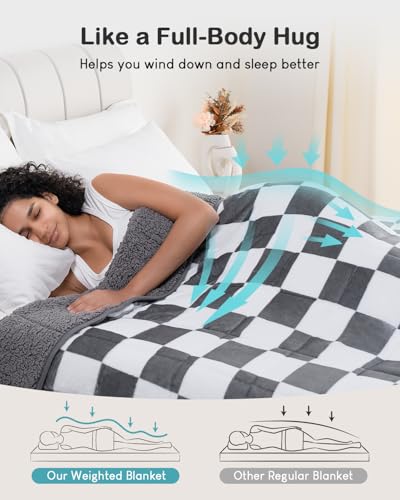 Image of Sherpa Weighted Blanket for Adults Queen Size 15 lbs, Dual Sided Heavy Blankets with Checkerboard Pattern, Ultra Soft Cozy Throw Blanket for Calming and Sleep, Plaid Grey, 48 inch x 72 inch