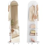 Hzuaneri Full Length Mirror, 360° Rotating Floor Mirror with Wheels, 165 x 45 cm, Standing Mirror with Coat Rack, with Shelves and Hooks for Bedroom, Living Room, Tempered Glass, White DM42303W