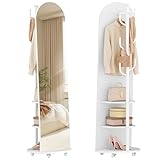 Hzuaneri Full Length Mirror, 360° Rotating Floor Mirror with Wheels, 165 x 45 cm, Standing Mirror with Coat Rack, with Shelves and Hooks for Bedroom, Living Room, Tempered Glass, White DM42303W