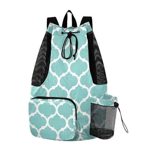 Teal Moroccan Drawstring Gym Backpack for Men Women Pull String Sports Swim Bag with Mesh Pocket & Adjustable Strap Outdoor Casual Portable Bag for Outdoor Travel Swimming
