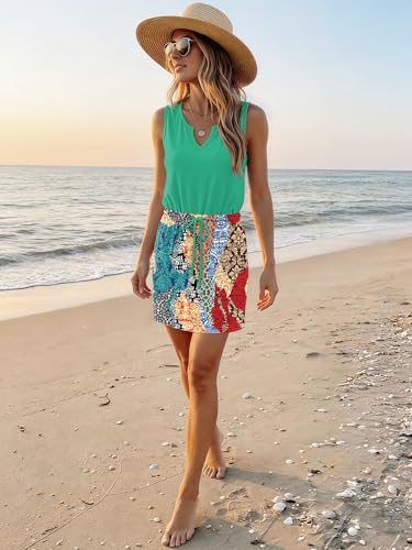 Image of SAUKOLE Womens Sleeveless T Shirt Dresses Casual Cute Floral Print Short Dress Summer Fashion Front Pockets