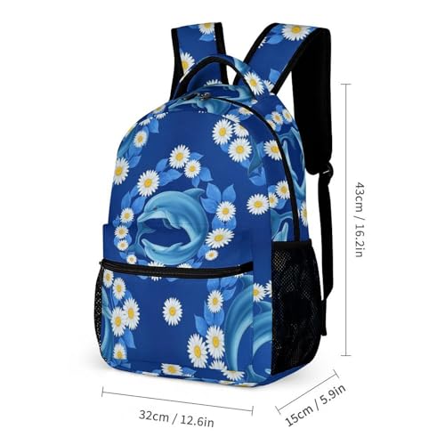 Backpack Book Bags with Lunch Box Storage Bag Backpack Set Daypack with Lunch Bag and Cosmetic Bags (Dolphins Flowers)2