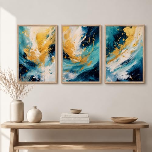 Image of Livin'luxe Set of 3 Blue Gold Abstract Wall Photo with Frame for Living Room Bedroom Hall Office Decor, Premium Wooden Synthetic Frame Modern Artwork Gift