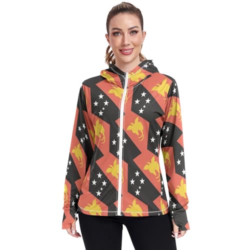 Papua New Guinea Flag Women's UPF 50+ Sun Protection Hoodie Jacket Lightweight Long Sleeve Sun Shirt with Pocket Multicoloured