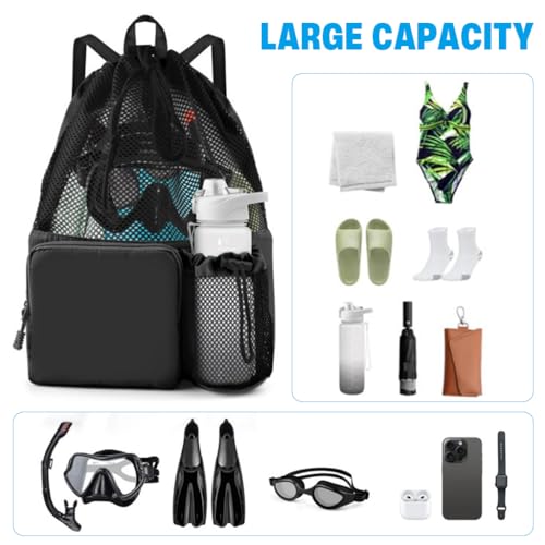Image of PROBEROS Drawstring Swimming Bag, Quick Dry Mesh Beach Bag Drawstring Backpack Swimming Gear Lightweight Multifunctional for Riding, Hiking, Camping
