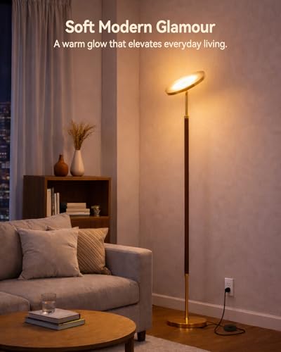 Image of JOOFO Wood LED Torchiere Floor Lamp with Remote, 3000LM Dimmable