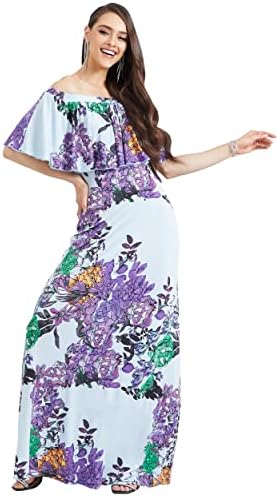 KOH KOH Womens Long Floral Flower Print Strapless Sexy Cold Shoulder Spring Summer Floor Length Cocktail Party Flowy Sundress Maxi Dress Dresses Gown Gowns, Sky Blue & Multi Color M 8-10