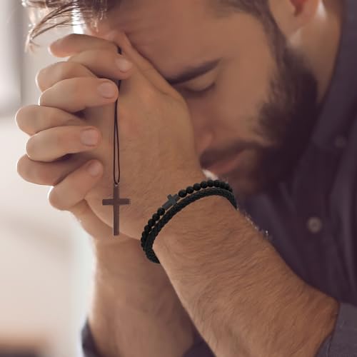 Mens Bracelet,Gifts for Men,Double-Row Black Braided Leather Bracelets for Men,Black Stainless Steel Cross Jewelry With Black Onyx Beads Bracelets,Charm Bracelet,For Dad,Friends,Brother,Sons4