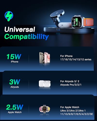 Image of Upgraded 3 in 1 Wireless Charging Station for Apple Devices, Faster Mag-Safe Charger Stand, Magnetic Charger Station for iPhone 16 /15 /14 /13 /12 Series & AirPods Pro & Apple Watch Series (Black)