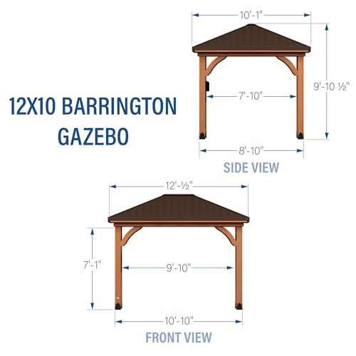 Backyard Discovery Barrington 12\' x 10\' Cedar Wood Outdoor Gazebo Pavilion with Hardtop Galvanized Steel Hip Roof, Snow Support, Wind Resistance, PowerPort, Shade for Garden, Patio, Deck, Entertaining