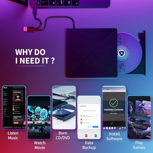 Image of Umaniy DVD Player for Laptop, External CD Drive for Mac, USB 3.0 USB C Portable CD Burner External Disk Drive, DVD Reader Writer ROM Drive Compatible with Laptop Desktop Mac,Windows 10 /8 /7 Linux