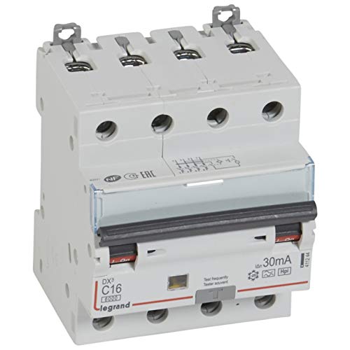 Legrand 411244 Disjoncteur différentiel monobloc DX³6000 10kA arrivée haute et départ bas à vis, 4P, 400V, 16A typeF, 30mA