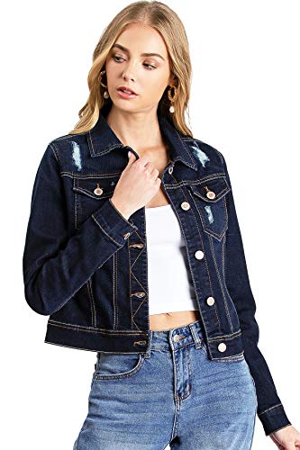 Wax Jeans Women's Juniors Classic Fit Denim Jacket (L, Dark Denim)
