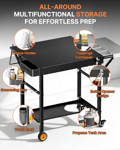 Image of Outdoor Pizza Oven Table, Portable Pizza Oven Cart with Topping Station, Heavy Duty Grill Cart Table with Pizza Prep Station with Storage, Fit Ninja Cuisinart Gozney and Blackstone Griddle