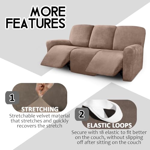 Image of ULTICOR Velvet 8-Pieces Recliner Sofa Covers Stretch Reclining Couch Covers for 3 Cushion Reclining Sofa Slipcovers Furniture Covers Thick Soft Washable (3 Seater Recliner Cover, Sand)