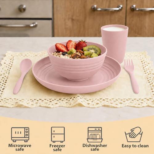 Image of Wheat Straw Dinnerware Sets for 4, 20 Piece Unbreakable Kids Dinnerware Set, Toddler Plates and Bowls Sets, Kitchen Plates and Bowls Set, Lightweight Dish Set for Travel Camping Party - Muted Pink