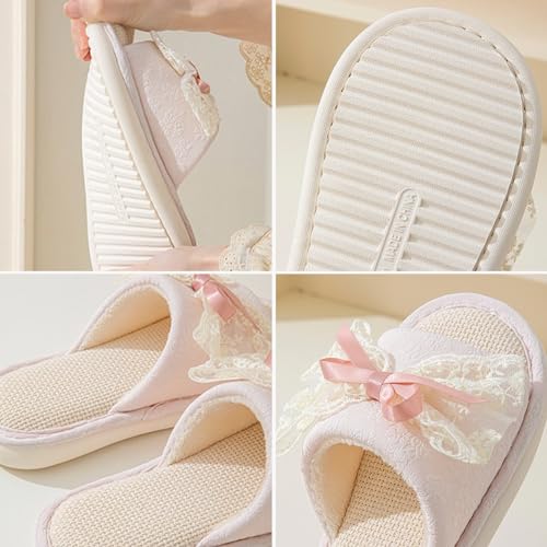 Lace Bow Slippers for Women Indoor Summer Linen Slippers Sandals Bow Tie Open Toe Home Slides Bedroom Non-Slip House Shoes Cozy Breathable Slippers with Bows4