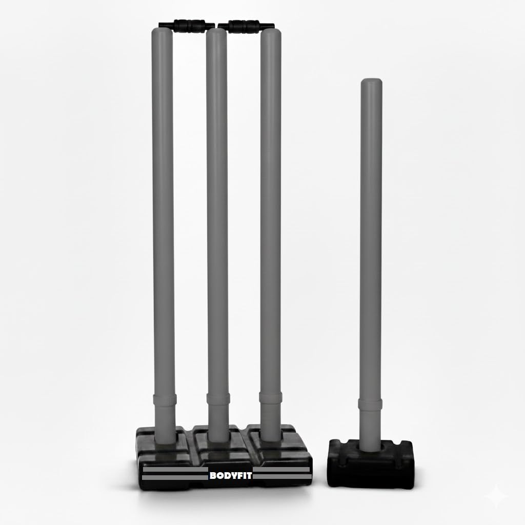 Bodyfit Cricket Stumps, Plastic Wickets Set with 4 Stumps, 2 Bails, 2 Stands, Full Size for Cricket Ground, Tournament, Grey.-picture-15