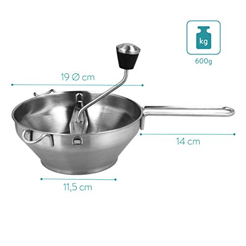 Navaris Food Mill - Stainless Steel Food Mill 1.26-Quart with Hand Crank and 3 Grinding Discs - Grind & Puree Tomato Sauce, Mashed Potatoes - or for Canning Applesauce