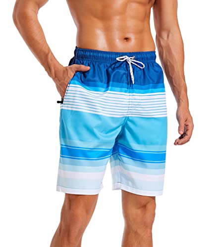Difficort Mens Swim Trunks With Compression Liner Quick Dry Bathing Suits Shorts With Zipper Pockets,Blue & White Stripe,Medium #TOP1