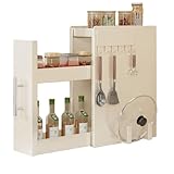 JoFistキッチン収納ラック、スライド式隠し引き出し付き、スライド窓付き、スリム、隙間収納、キッチン、コンロに最適 (ホワイト,幅22.5cm+マグネットフック+まな板ラック[3段])