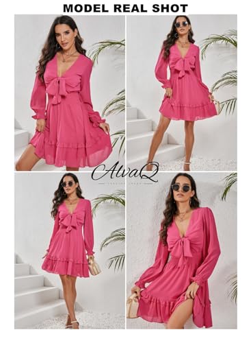 Image of AlvaQ Summer Dresses for Women Spring Long Sleeve A Line Ruffle Short Mini Dress V Neck Knot Front Swing Beach Sundress Rose X-Small
