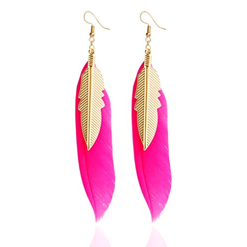 Pendientes Colgantes de Plumas con pequeños Pendientes de Plumas de Color Dorado para Mujeres 9 * 1.5 cm (Rosa roja)