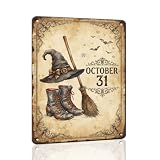 Vantoria Vintage Metal Tin Sign October 31 Witch Broom...