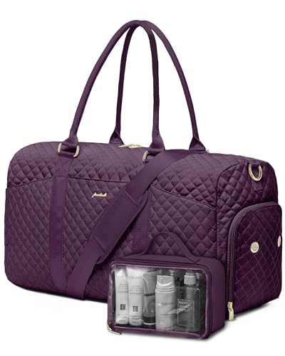 Image of Women Weekender Travel Duffle Bag: Travel Duffel Overnight Bags with Shoe Compartment Large Carry on Tote with Toiletry Bag Weekend Traveling Yoga Gym Hospital Bag for Women with Wet Pocket Purple