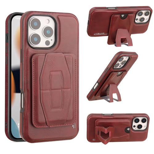 Étui en cuir iPhone 16 Pro Max rouge avec porte-cartes et support intégré