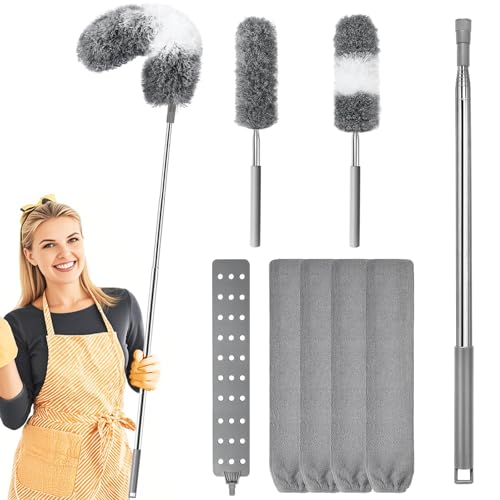 8 Pezzi Spolverino Telescopico Lavabile, 2 Spolverini per Polvere in Microfibra con Manico Estensibile fino a 253 cm, Pulitore Retrattile per Fessure con 4 Panni Sostituibili per Soffitti e Fessure