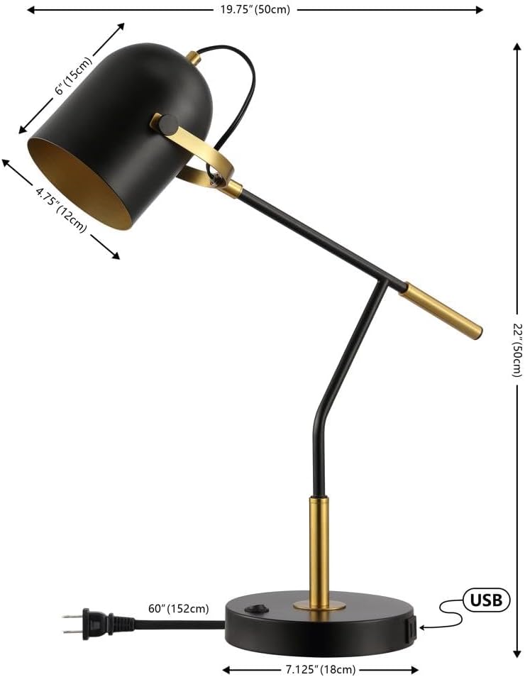 SAFAVIEH Lighting Collection Mulaney Modern Black/Brass 22-inch Task Desk Table Lamp with USB Charging Port, Ideal for Living Room, Bedroom, Nightstand, Home Office, Dorm (LED Bulb Included)