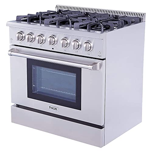 THOR Kitchen Freestanding Professional 36-Inch Gas Range with Blue Porcelain Oven Interior In Stainless Steel - Model HRG3616U