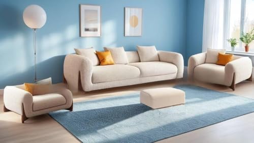 Image of Boucle Fabric Modern Design Sofa with Pillow or Strong Woden Legs Best for Living Room, Halways, Garden (3+1+1 Seater + Ottoman)