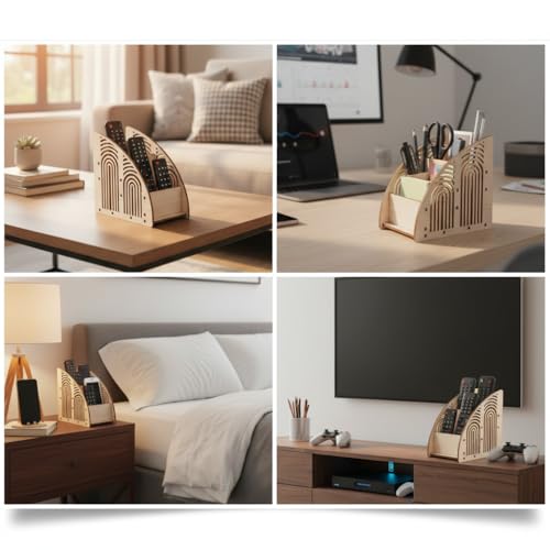 Image of Wooden Remote Control Holder with 2 Compartments - MDF Desk Organizer for TV Remotes, Mobile, Accessories Modern Geometric Design Storage Stand (7 x 2.5 x 5 Inches)