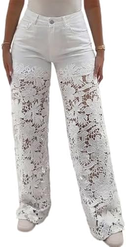 CHICME Women's High Waist Jeans Lace Spliced Stretchy Zipper Wide...