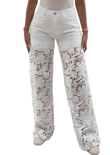 CHICME Women's High Waist Jeans Lace Spliced Stretchy Zipper Wide